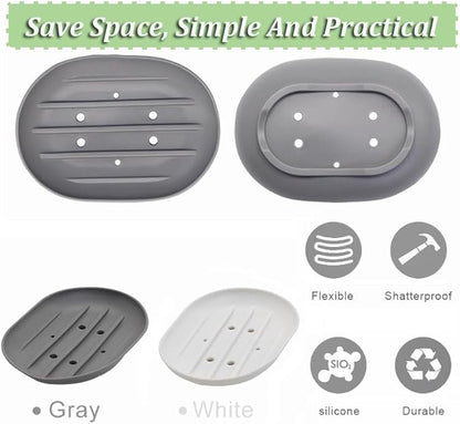 Silicone Soap Dish, 2-Pack, Anti-Slip Drainage Holder, Gray and White, 4.4 x 3.1 inches