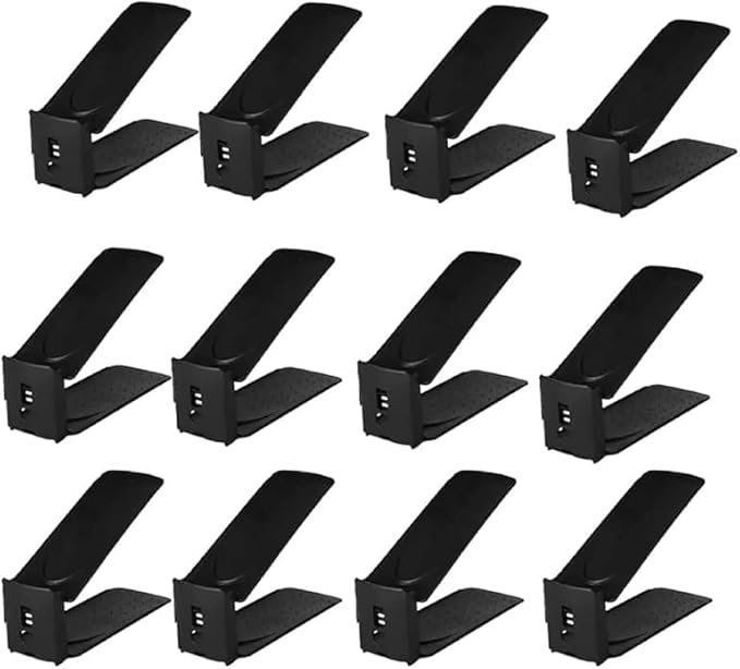HYGRAD® 12 Pack Shoe Organiser Slots 3 Level Height Adjustable Shoe Organising Holders Space Saving For Shoes Suitable For All Shoes Shoe Rack Organiser (Black)
