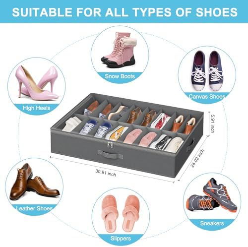 Under Bed Shoe Storage Organizer for Closet, 32 Pairs Sturdy Underbed Shoe Storage Boxes Bins Container Foldable Shoes Storage with Handles & Clear Window for College Dorms Light Grey, Set of 2 - Image 2