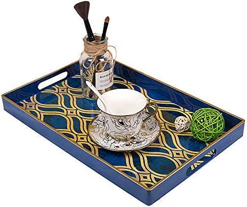 MAONAME Blue Decorative Tray with Handles, Plastic Serving Tray for Coffee Table, Marbling Rectangular Trays for Ottoman, Bathroom, Storage, 15.7" Lx 10.2" W X 1.57" H - Image 5