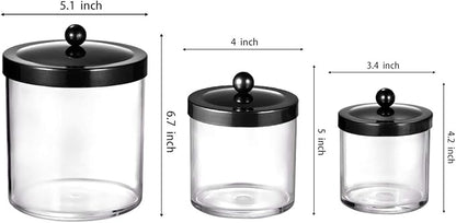 SheeChung 3-Pack Plastic Apothecary Jars with Black Metal Lids - Large 50oz, 25oz & 15oz Clear Acrylic Storage Set - Shatterproof Bathroom & Laundry Room Organizer - Modern Farmhouse Decor
