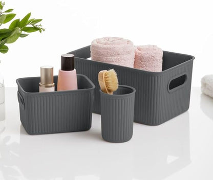 Decorative Plastic Basket Lidded Home Storage Bins Organizer Baskets, Medium Grey (1 Pack - 5 Liter) Stackable Container Box, for Organizing Closet Storage Bins for Shelves - Ribbed Collection