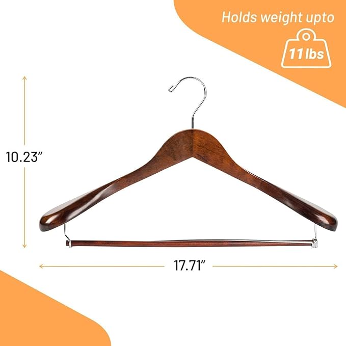 DEILSY Wide Shoulder Wooden Suit Hangers with Non-Slip Pants Bar & 360° Swivel Hook - Smooth Finish Coat Hangers for Men and Women - Heavy Duty Clothes Hanger – Pack of 6
