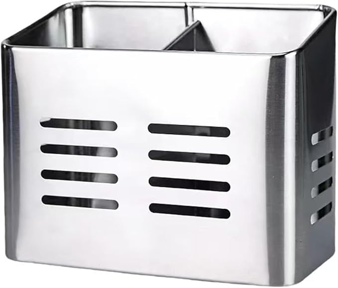 Stainless Steel Kitchen Utensil Holder for countertop, 2 Compartment Caddy & Organizer for Drying Cooking Spoons Utility Sturdy Home Kitchen Daily Use Utensil Drainer (Silver)