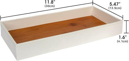 J JACKCUBE DESIGN Leather Bamboo Vanity Tray, Bathroom Organizer, Catch All Valet Tray for Women Perfume, Jewelry, Makeup, Candles, Key, Phone, Sunglasses (White)- MK205B