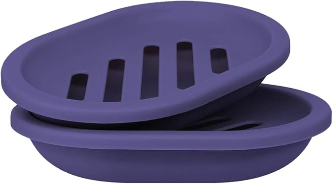 Soap Dish with Water Drainage Design for Drying and Saving Soap, Bathroom Kitchen Sponges Holder (Purple - Oval) 2 Pack