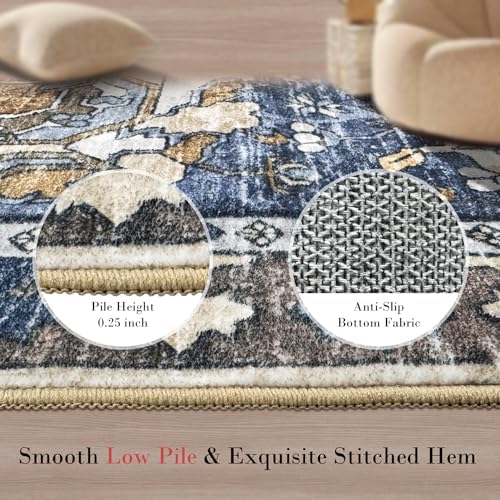 RUGSURE Washable Area Rugs - Perfect for Living Room, Bedroom, Kids Room, Nursery - Stain & Water Resistant Non-Slip, Pet & Child Friendly, Vintage Tribal Area Rugs (Navy, 2'6'' x 8') - Image 5