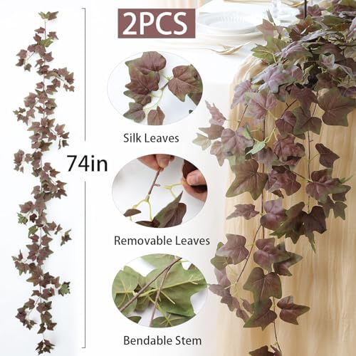 Mizii 2 Strands Artificial Vines Ivy Garland 74" Fake Vine with Silk Green Leaves Faux Hanging Plants Greenery Decoration for Bedroom Home Wall Party Wedding Arch Apartment Room Decor (Purple Green) - Image 2