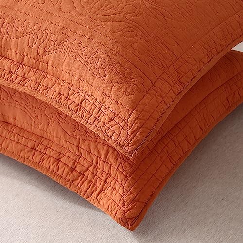 WINLIFE 100% Cotton Quilted Pillow Sham Floral Printed Pillow Cover (King, Burnt Orange) - Image 3