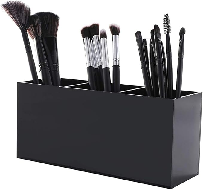 AKOAK 1 Pack Black and White Three Grid desktop Storage Box, Girl Makeup Brush Lipstick Eyebrow Pencil Display Stand, Office Pen Holder, Dressing Table, Bathroom Makeup Tool Storage Box (Black)