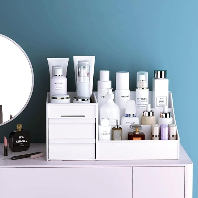 Makeup Desk Organizer with Drawers, Countertop Organizer for Cosmetics, Vanity Holder for Lipstick, Brushes, Lotions, Eyeshadow, Nail Polish and Jewelry (White)