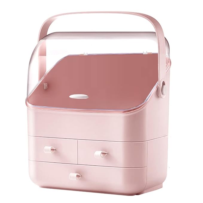 LINFIDITE Cosmetic Storage Box with Lid Waterproof&Dustproof Makeup Organizer Box Portable Handle,Large Makeup Display Case with Drawers Fully Open Lid,Great for Bathroom Countertop Bedroom Dresser