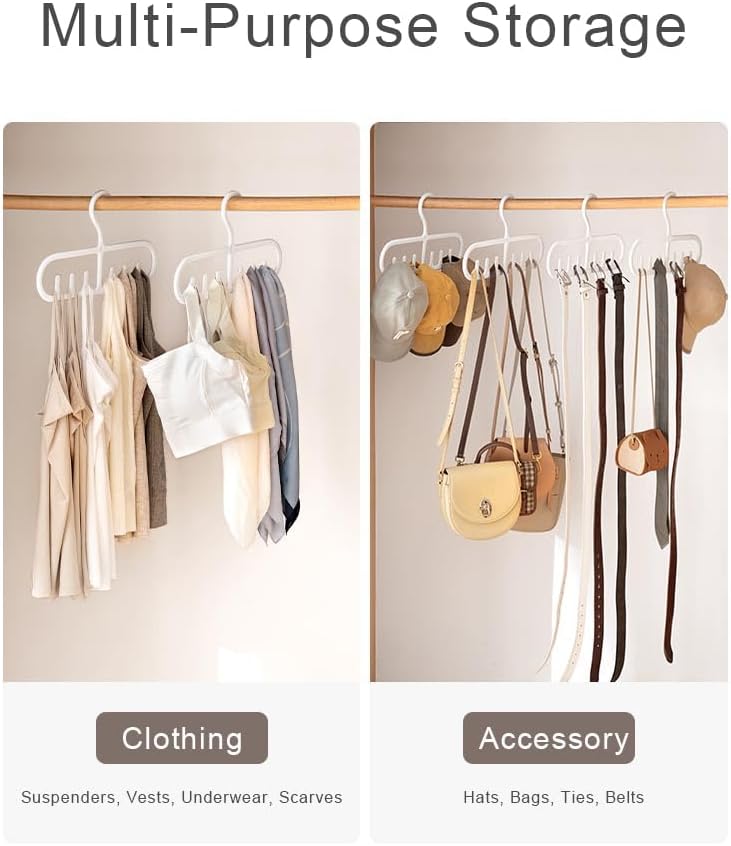 4 Pack Tank Top Hanger with 6 Hooks, Durable Hanging Closet Organizer Accessories Holder for Camisole, Bow Tie, Scarves, and More | White