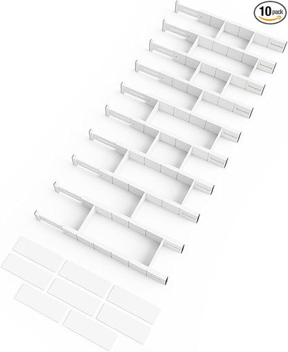 SpaceAid Bamboo Drawer Dividers with Inserts and Labels, Kitchen Adjustable Drawer Organizers, Expandable Organization for Home, Office, Dressers, 10 Dividers with 24 Inserts (17"-22" White)
