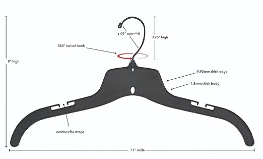 NAHANCO 25500BHMG Plastic Shirt/Dress Hanger with Black Swivel Hook and Molded Non-Slip Shoulders, Heavy Weight, 17", Black (Pack of 100)