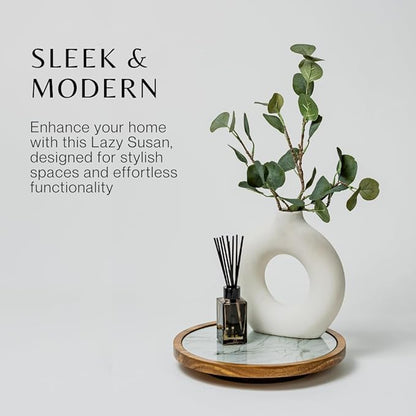 Rickby, 12" Premium Acacia Wood Lazy Susan Turntable for Table Top with Removable Marble Texture Glass Plate, Wooden Lazy Susan for Dining Table Centerpiece & Kitchen Countertop