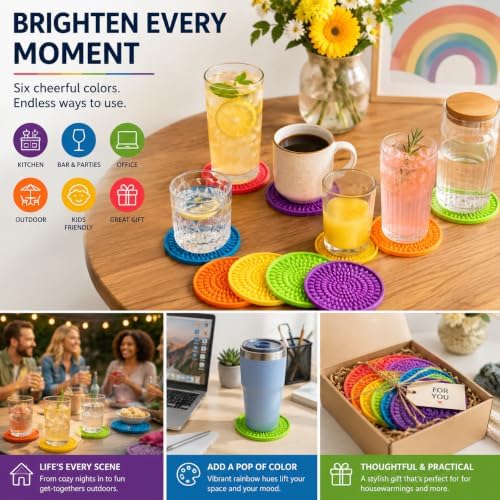 Silicone Coasters for Drinks - Absorbent Rubber Coasters Set of 6 Colorful - Image 6