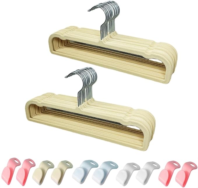 Velvet Hangers Non Slip - Thin Space Saving Clothes Hanger - 20 Pack Pants Hangers for Closet - Strong Durable Jean Perchas with 360 Degree Rotatable Silver Hook for Tank Top (Beige)
