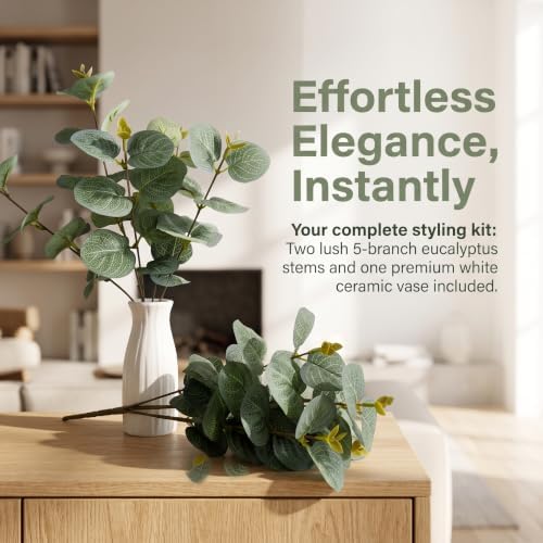 Artificial Eucalyptus Stems with Ceramic Vase for Home Decor,Sage Green - Image 3