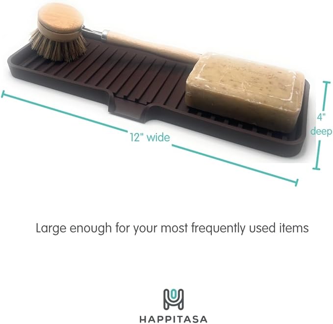 Silicone Soap Dish Tray and Sponge Holder with Drain Chute, Rectangular, Kitchen and Bathroom Sink Organizer (Dark Chocolate, 12"x4")