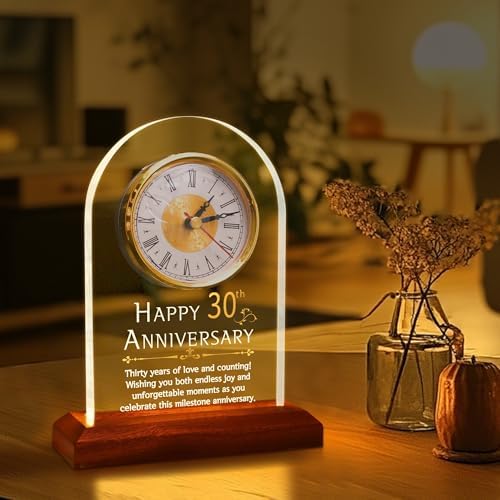 OkiyiD 30th Anniversary Wedding Gifts for Couples, 30 Years of Marriage, Light Up Anniversary Quartz Clock with LED Wooden Base for Home Decor,30th Wedding for Husband Wife, Parents - Image 3