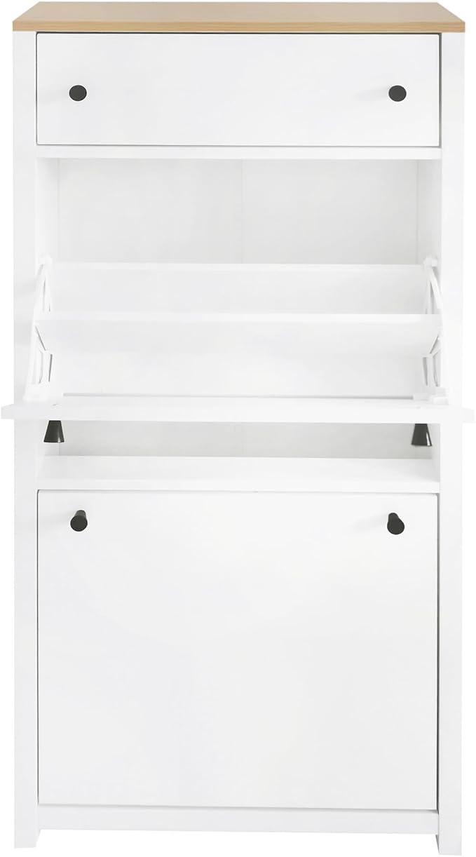 Modern Shoe Cabinet with 2 Flip Doors and 1 Storage Drawer Free-Standing Wooden Shoe Rack Shoe Storage Organizer for Entryway Hallway Small Space(White&Natural)