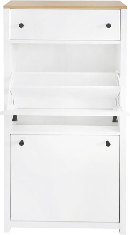 Modern Shoe Cabinet with 2 Flip Doors and 1 Storage Drawer Free-Standing Wooden Shoe Rack Shoe Storage Organizer for Entryway Hallway Small Space(White&Natural)