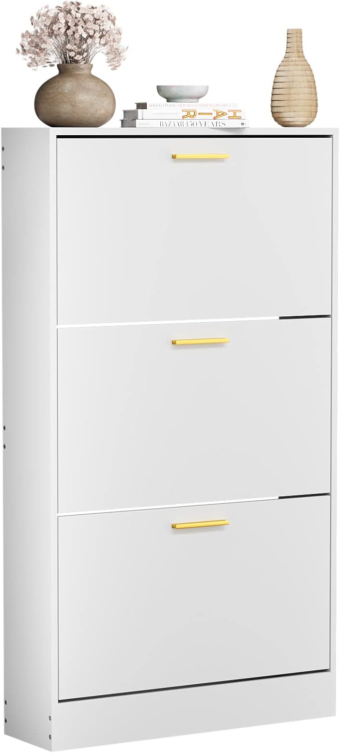 JOZZBY Shoe Cabinet Storage with 3 Flip Drawers for Entryway, White Slim Freestanding Modern Narrow Shoe Organizer Rack Cabinet for Hallway, Living Room