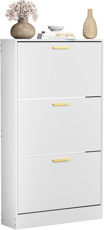 JOZZBY Shoe Cabinet Storage with 3 Flip Drawers for Entryway, White Slim Freestanding Modern Narrow Shoe Organizer Rack Cabinet for Hallway, Living Room
