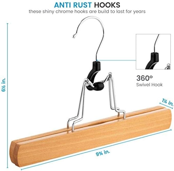 10x High-Grade Wooden Hanger with Clip Anti-Skid Skirt, Smooth Surface Solid Wood Jeans/Elastic Hanger with 360 ° Rotating Hook Pants Skirt Frame Vintage Wood (Natural Wood)