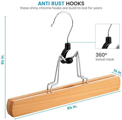 10x High-Grade Wooden Hanger with Clip Anti-Skid Skirt, Smooth Surface Solid Wood Jeans/Elastic Hanger with 360 ° Rotating Hook Pants Skirt Frame Vintage Wood (Natural Wood)