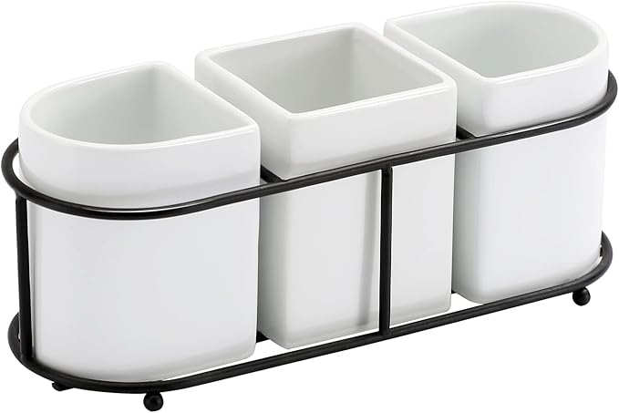 Buyajuju 3 Piece Porcelain Flatware Holder Caddy with Metal Rack, Utensil Holder Caddy For Spoons, Knives and Forks Cutlery Organizer