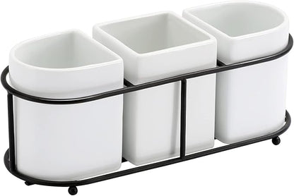 Buyajuju 3 Piece Porcelain Flatware Holder Caddy with Metal Rack, Utensil Holder Caddy For Spoons, Knives and Forks Cutlery Organizer