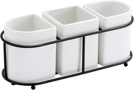 Buyajuju 3 Piece Porcelain Flatware Holder Caddy with Metal Rack, Utensil Holder Caddy For Spoons, Knives and Forks Cutlery Organizer