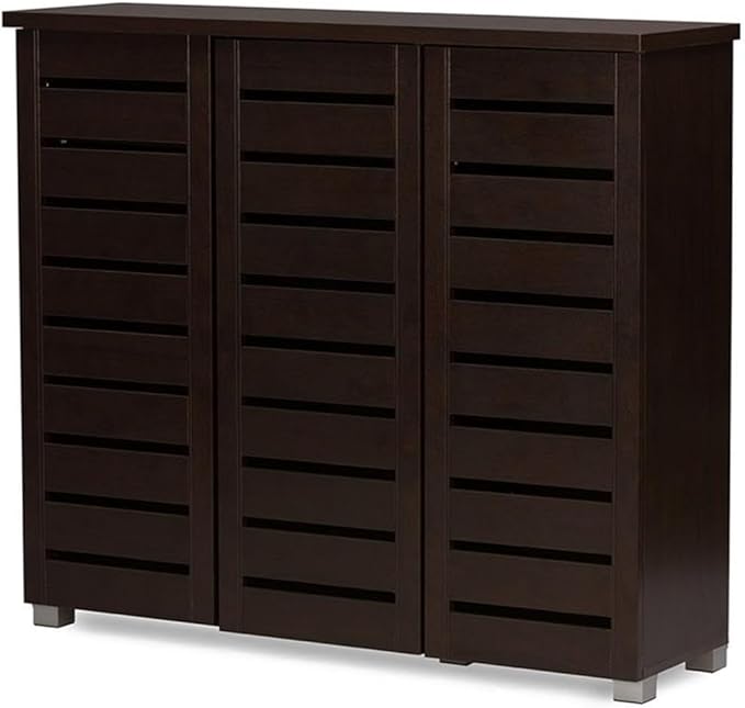 BOWERY HILL Contemporary 3 Door Wooden Shoe Cabinet, 20 Pairs Shoe Rack Storage Organizer in Dark Brown