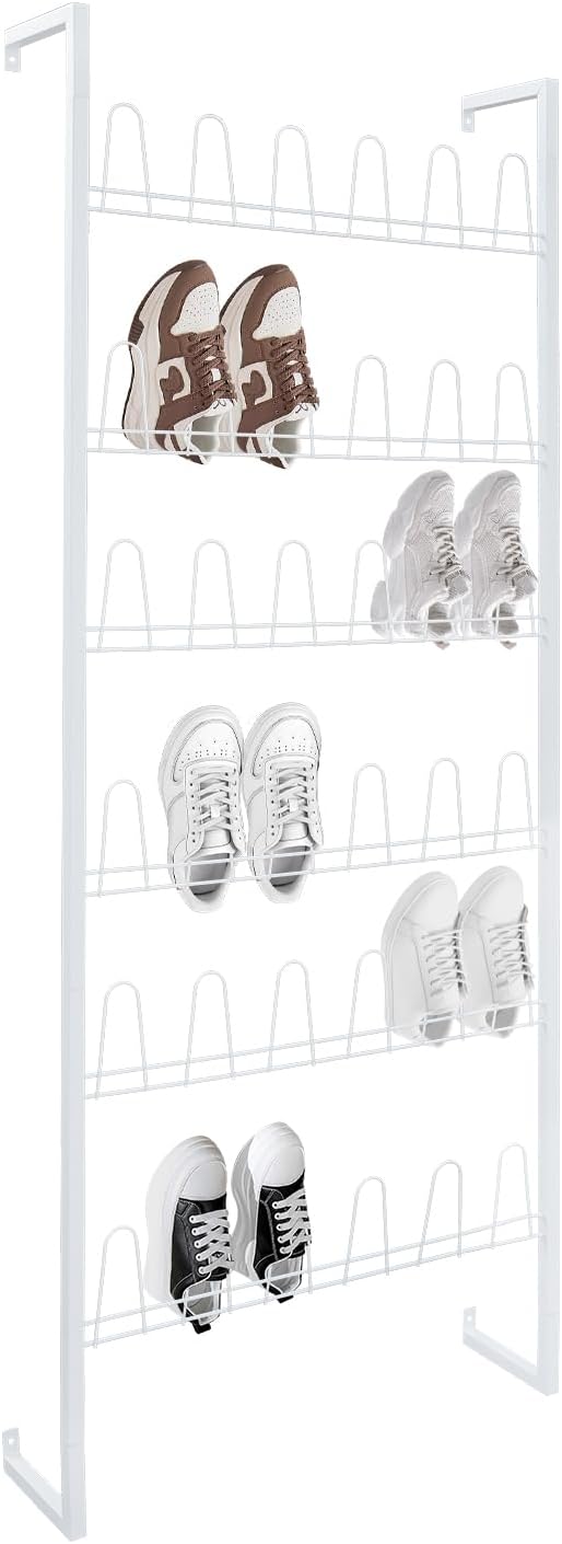 6 Tiers Metal Hanging Shoe Rack for 18 Pairs, Space-Saving Shoe Storage Shelf, Wall Mounted Shoe Organizer Tower for Entryway, Home, Retail Stores (White)
