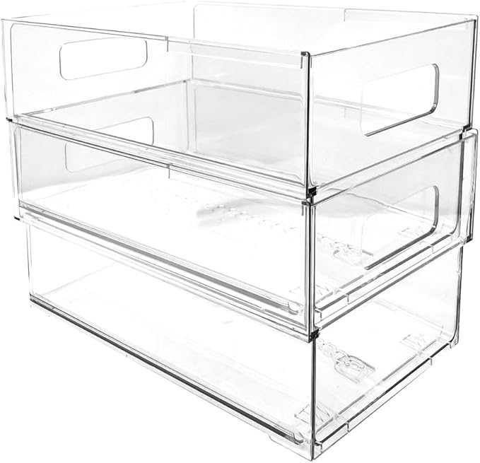 Isaac Jacobs 2-Pack Clear Expandable Storage Bins - Large, 11"-19" L x 7.8" W x 5.8" H, Plastic Organizer with Cut-Out Handles, Adjustable Length from 11-19" for Home, Kitchen & Office