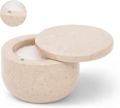 Marble Salt Cellar with Swivel Lid 3 Inch Beige Stone Mini Salt Box for Kitchen Counter with Magnetic Closure, 2.5 OZ Capacity, Ideal for Kosher Salt and Gourmet Seasonings