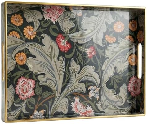 Vintage William Morris-Style Serving Tray with Handles - 15.7" x 11.8" Floral Pattern Decorative Platter for Coffee Table, Ottoman & Breakfast in Bed - Sturdy Plastic Rectangular Tray by Zosenley