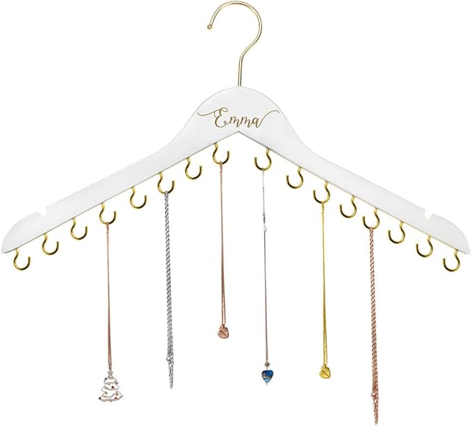 NICEDREAM Custom Name Necklace Holder Jewelry Hanger Bracelet Holder with 16 Hooks Personalized Name Necklace Organizer Wooden Hanging Jewelry Holder Gift for Her Women Girls Mom (White)