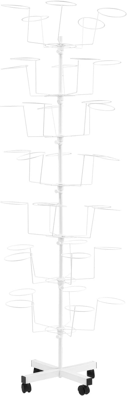 7-Tier Rotating Hat Display Stand, Free Standing Hat Rack Stand, Rolling Display Hat Stand with 35 Metal Hooks, Adjustable Height Cap Organizer for Wig Cap Baseball Hats (1PC - White)