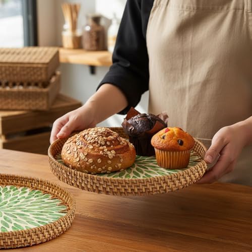 Handwoven Round Rattan Tray,Mother of Pearl Inlay Decorative Serving Tray - Image 7