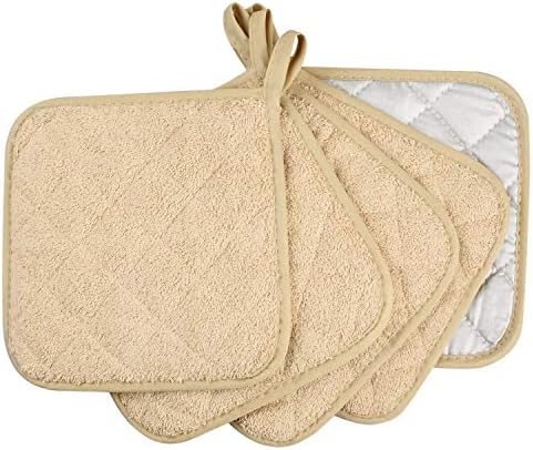 Pot Holders for Kitchen, 100% Cotton Terry Pot Holder Set of 5, Heat Resistant Hot Pads for Cooking, Baking, Hot Dishes and Countertop Protection,Light Brown - Image 2
