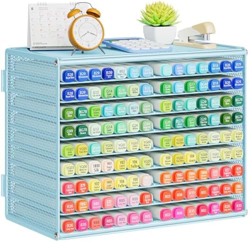 Marbrasse Mesh Marker Organizer, Metal Desktop Storage Rack for 126 Markers, Pens, Pencils, 9 Tier Marker Holder for Office Classroom & Home Art Supplies(Blue) by Marbrasse