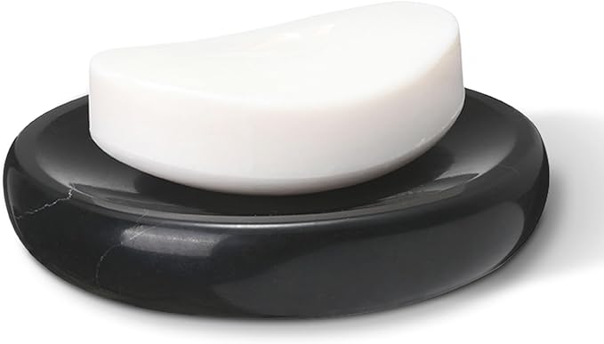 Natural Marble Soap Dish, Round Black Jewelry Dish 4.5 inch, Limestone Shower Soap Holder, Modern Stone Sponge Holder with White Stripe, Obsidian Bar Soap Saver Tray for Bathroom, Kitchen