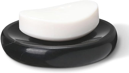 Natural Marble Soap Dish, Round Black Jewelry Dish 4.5 inch, Limestone Shower Soap Holder, Modern Stone Sponge Holder with White Stripe, Obsidian Bar Soap Saver Tray for Bathroom, Kitchen