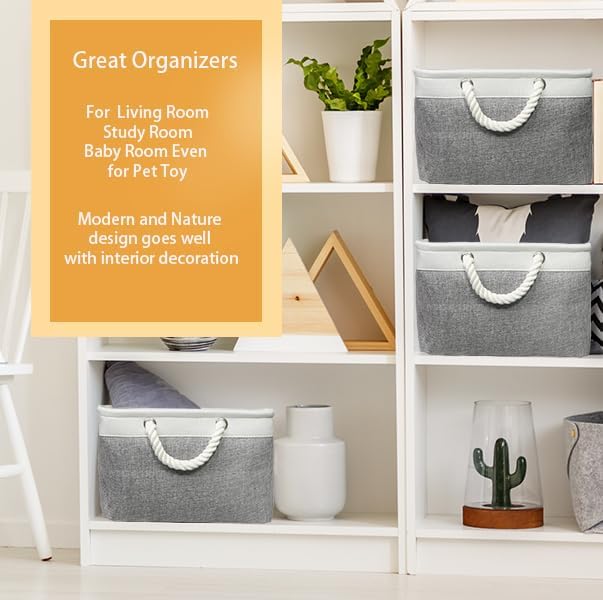 Simple Houseware 15.7" x 12" Wide & Low Fabric Storage Bin for Shallow Gaps and Closet, Braided Handles, 3 Pack, Gray