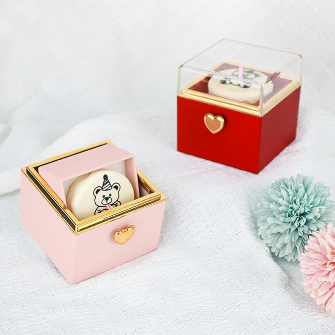 Magic Flip Jewelry Carousel with Heart Button Surprise, Rotating Transparent Gift Box - Bear Cake or Flower Design Organizer for Necklaces & Rings, Birthday Mothers Day Gifts for Women (Pink Bear)