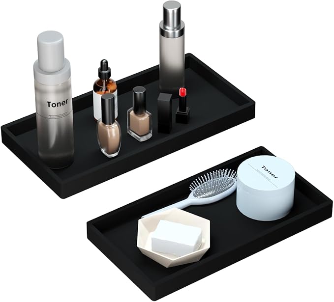 BBK Bathroom Vanity Tray 7.8 in - 2 Pack(Small) Silicone Bathroom Tray for Counter, Perfume Key Trinket Ring Tray, Decor Soap Dispenser Countertop Tray for Kitchen Sink Organization (Black)