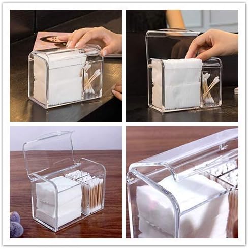 Square Acrylic Cotton Ball Pads Gauze Swab Holder Organizer Q-tip Dispenser Storage Canister Bathroom Container Flossers Box Case (5.6x3.2x4.3 in, 1 Tier, 3 Partitions, Transparent)